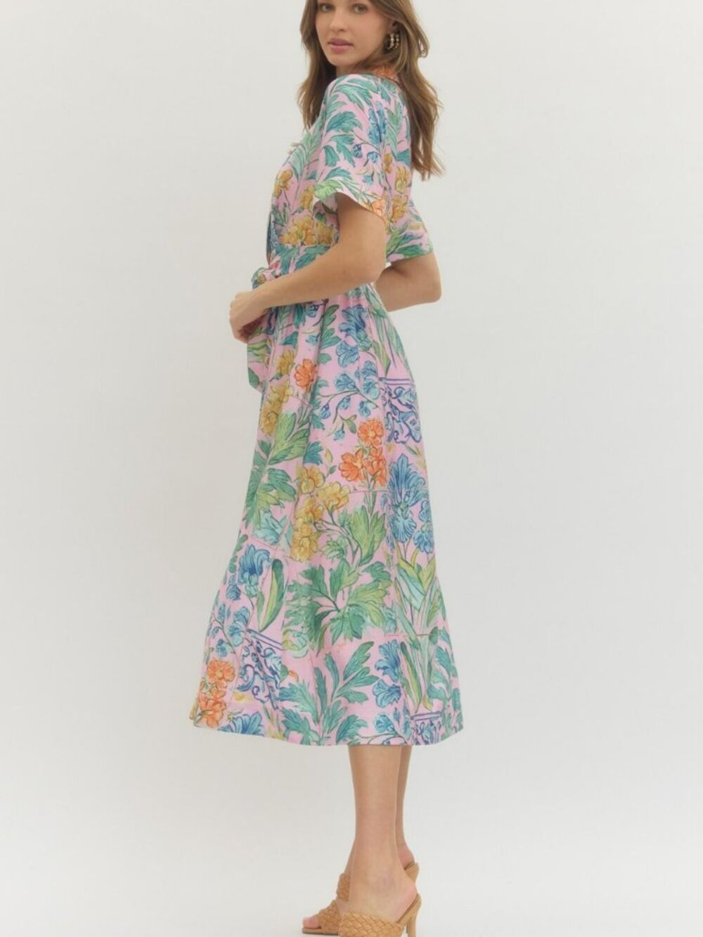 NWT Entro Pink Floral Puff Sleeve Midi Dress with Tie Waist - Picture 7 of 10